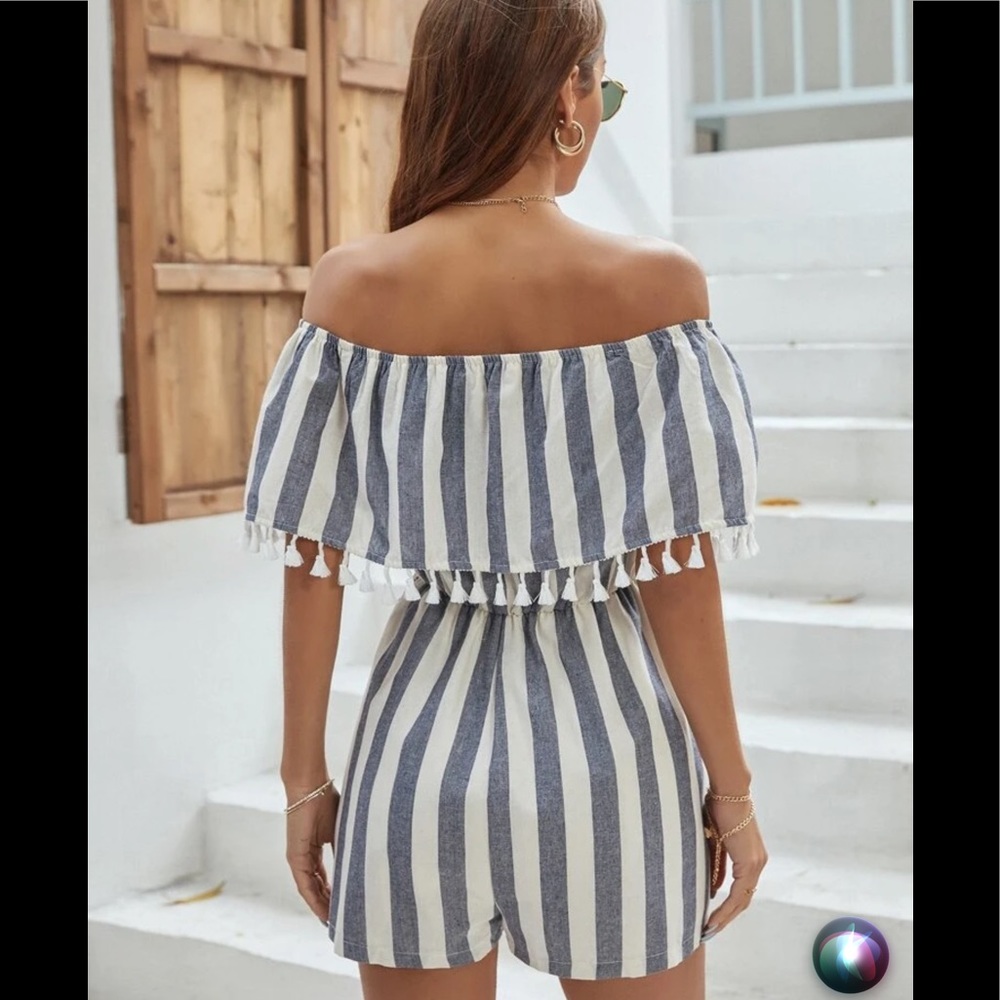 BLUE/CREAM STRIPED FRINGE TRIM BARDOT ROMPER - Picture 2 of 8